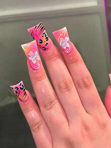 24pcs Duck Nail Art Tips, Sweet & Cool Black Striped Spotted White Floral Pink Nails, Fashion White Hibiscus White Striped Polka Dot Leopard Print Full Coverage Stiletto Fake Nails, Includes 1pc Jelly Glue And 1pc Mini Nail File, Jelly Glue Randomly Sent - Multicolor - View 1
