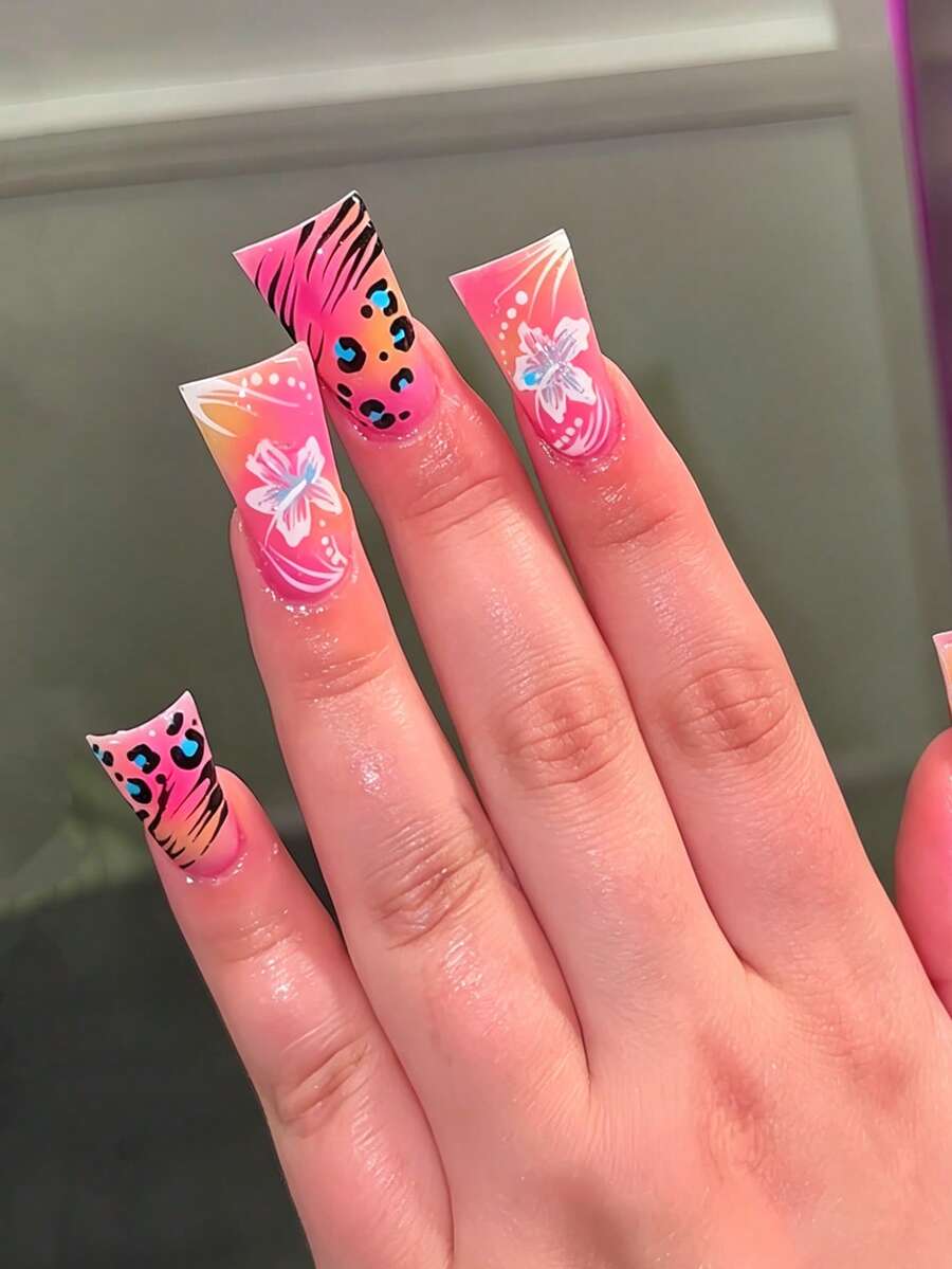 24pcs Duck Nail Art Tips, Sweet & Cool Black Striped Spotted White Floral Pink Nails, Fashion White Hibiscus White Striped Polka Dot Leopard Print Full Coverage Stiletto Fake Nails, Includes 1pc Jelly Glue And 1pc Mini Nail File, Jelly Glue Randomly Sent - Multicolor - View 1