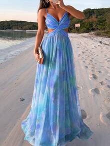 Yuwenier 藍色優雅花卉網紗細肩帶交叉鏤空腰部露背綁帶長款飄逸雪紡洋裝 派對禮服 - 藍色 - 查看 5