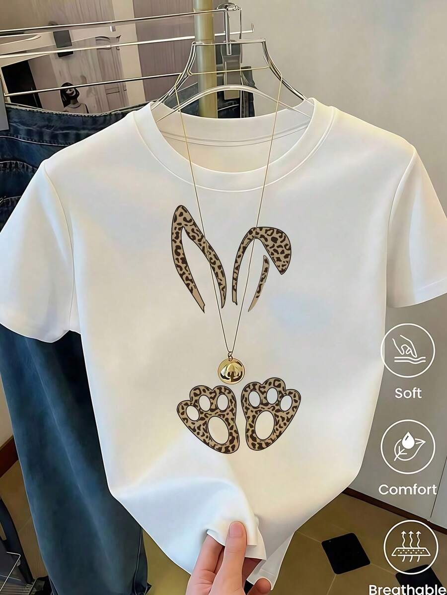Women's White T-Shirt With Rabbit Ears And Paws In Leopard Print, Fashionable Animal Print T-Shirt, Casual Summer Blouse With Cute Bunny Design, Aesthetic And Fun Top - 灰色 - 查看 1