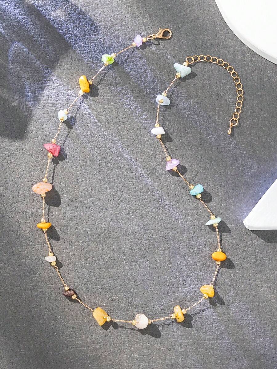 1 pieza Collar hecho a mano con piedra asimétrica (el color y la cantidad de la piedra varían, cola de goteo aleatoria) - Multicolor-N059C - Ver 1