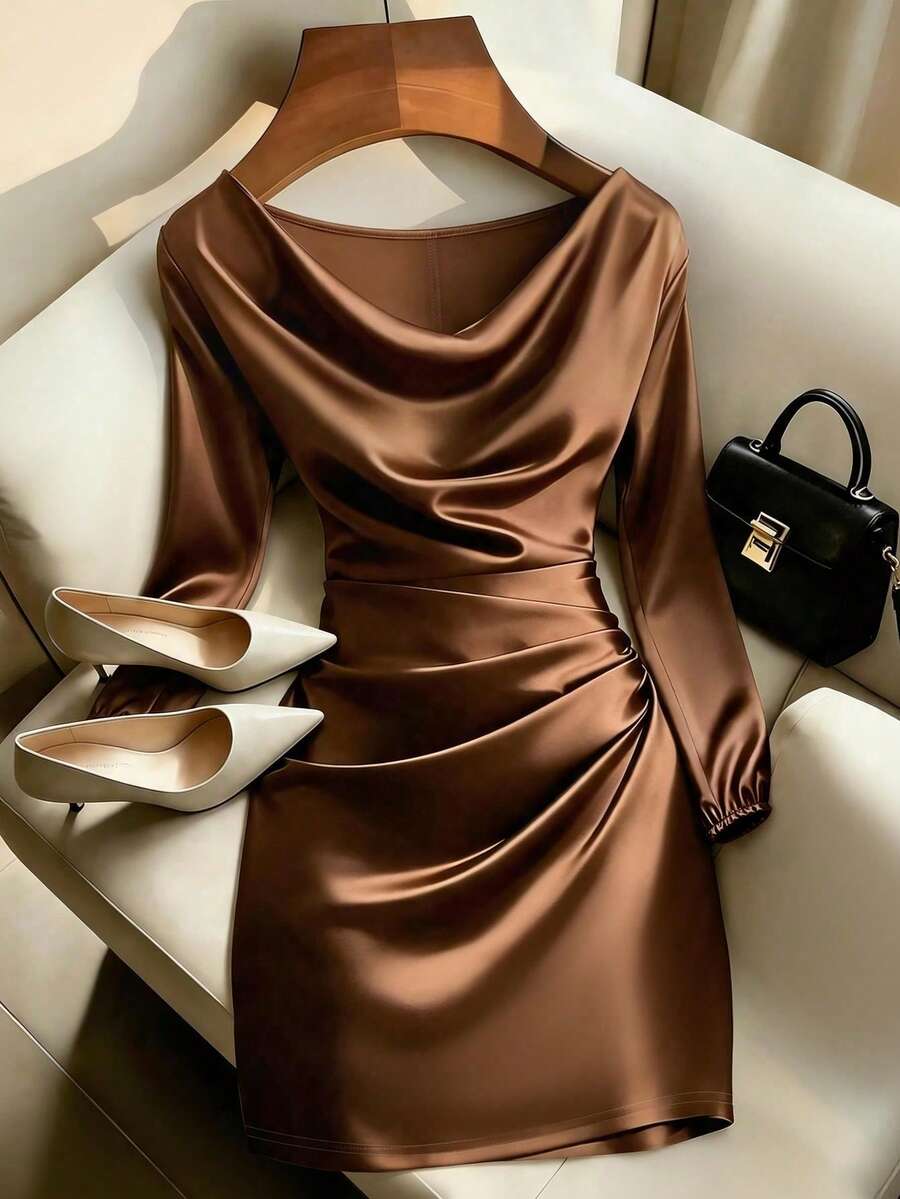 Elegant French Style Solid Color Retro Party Dress For Women, Asymmetrical Design, Sophisticated Party Dress - Rust Brown - View 1