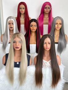 websterwigs Wig Depan Renda Lurus Tahan Panas Serat Sintetis Transparan HD 13x4 untuk Wanita, Motif Gradien Emas, Motif Piala Dunia - MultiWarna - View 2