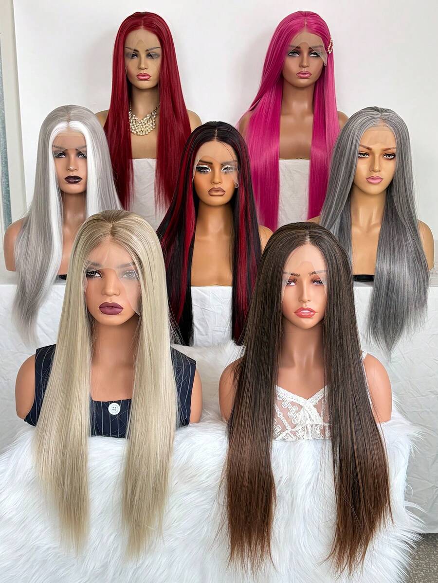 websterwigs Wig Depan Renda Lurus Tahan Panas Serat Sintetis Transparan HD 13x4 untuk Wanita, Motif Gradien Emas, Motif Piala Dunia