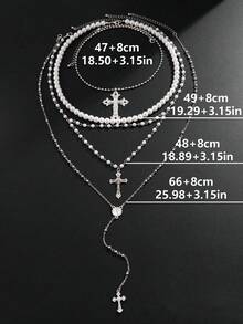 4pcs Vintage Y2K Multi-Layer Stacked Cross, Jesus, Virgin Mary, Pearl Beaded Y-Necklace Set, Metal, Multicolor, Suitable For Daily Wear, Concerts, Parties - Multicolor - View 7