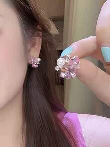 1 Pair French Elegant Unique High-End Sweet Exquisite Faux Pearl Design Glass Inlaid Fashion Stud Earrings Suitable For Women's Daily Commute, Date, Party, Gathering, Holiday Wear - Pink - View 4