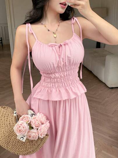 abyoxi Ensemble 2 pièces pour femmes avec top camisole rose à bretelles réglables, poitrine ajourée à lacets, taille froncée, ourlet à volants et longue jupe à volants superposés, style doux, pour vacances, rendez-vous, extérieur, tenue d'été avec chemisier et jupe maxi