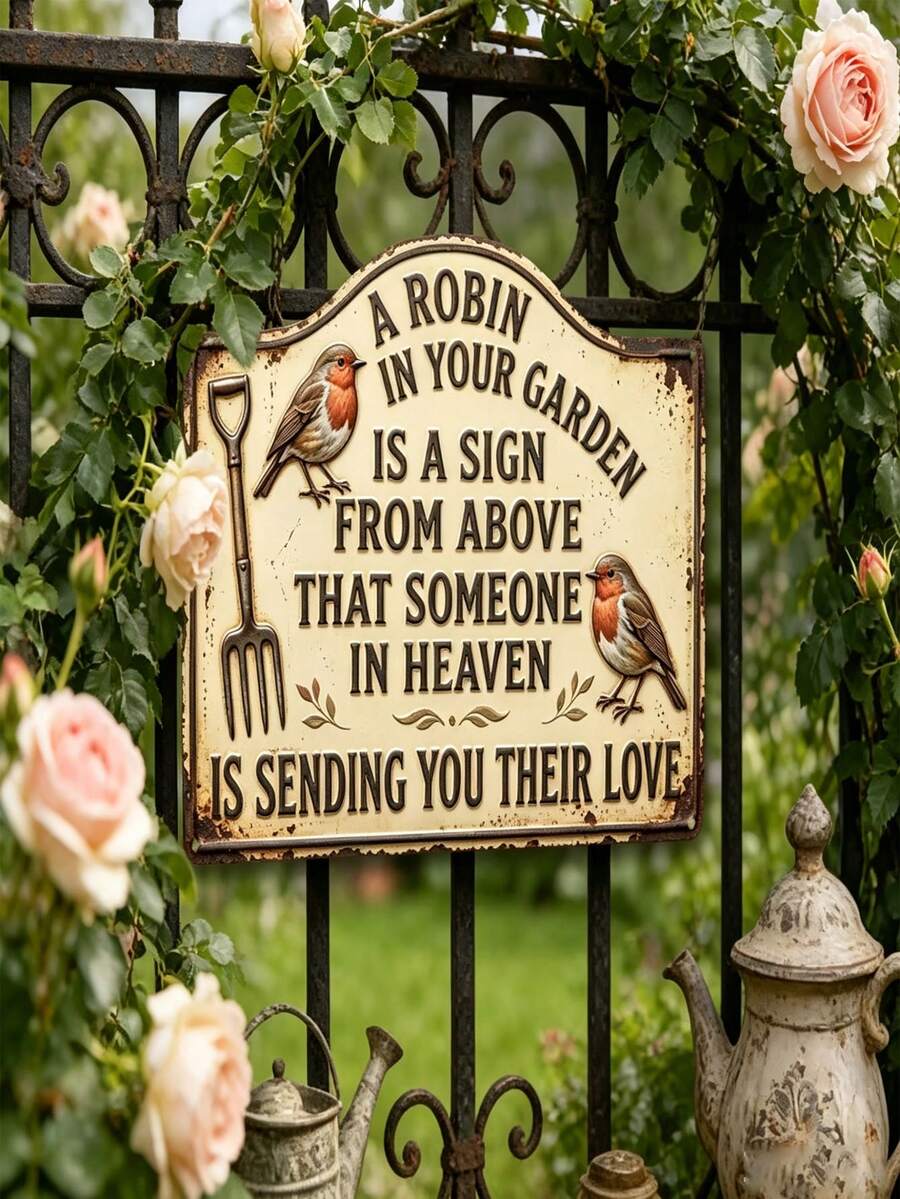 Placa Conmemorativa del Robin del Jardín, Letrero de Arte de Pared de Metal Vintage, Decoración para el Hogar y el Exterior, Regalo de Condolencias, "Robin en el Jardín" Decoración de Jardín, Regalo Conmemorativo para Seres Queridos Fallecidos - Multicolor - Ver 1