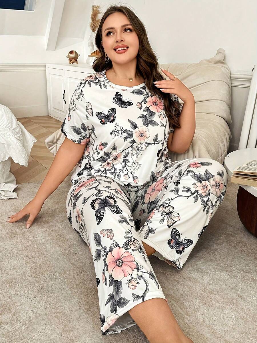 Plus Size Casual Comfortable Printed Short Sleeve & Long Pants Women's Loungewear 2 Pieces Set Pajamas - White - View 1
