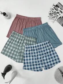 4 Buah Celana Pendek Boxer Pria Musim Panas Motif Kotak-kotak Tipis, Longgar, Bernapas, Pinggang Elastis, Tanpa Resleting, Pakaian Dalam Kasual, Paket Multi-Warna, Ukuran Kecil - MultiWarna - View 3