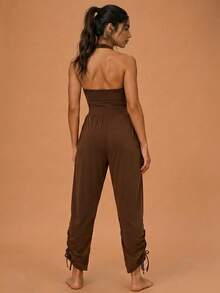 Never me Women's Casual Everyday Commute Solid Color Drawstring Ruched Ankle Backless Jumpsuit, Suitable For Running, Workout, Yoga, Slim Fit, Stretchy & Comfortable - Brown - View 2