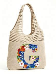 LFIRSTL Women's Crochet Tote Bag | 26 Personalized Initial Options, Bohemian Floral Mesh Beach Bag, Large Capacity Knitted Shoulder Handbag, Suitable For Summer Vacation, Travel And Daily Commute - Khaki - View 26