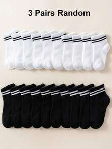 3 Pairs Random Black & White Striped Kids Mid-Calf Socks, Simple Versatile Back To School Mid-Calf Socks - Multicolor - View 3