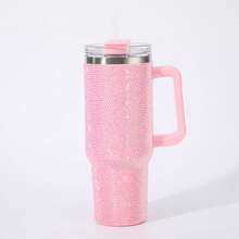 1pc 40oz Large Capacity Tumbler With Handle, Rhinestone Pattern Stainless Steel Insulated Cup With Straw, Reusable Travel Mug For Car Office Outdoor, Ideal Gift For Women & Teens - Multicolor - View 16