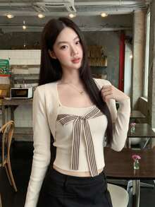 Autumn/Winter Sweet Minimalist Sexy Style Striped Bow Camisole + Short Knit Cardigan 2pcs Set Women's Clothing, New Year Atmosphere Autumn Outfit - Apricot - View 3