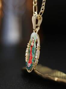 1pc 14K Gold Plated Zirconia Colorful Enamel Virgen Our Lady Of Virgin Mary Pendant Necklace For Wear It As A Symbol Of Faith, Protection, Birthdays - Gold - View 4