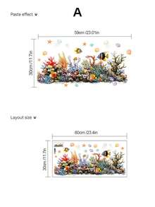1pc Healing Ocean Style Wall Sticker Waterproof Moisture-Proof Removable Self-Adhesive PVC Sticker Bathroom Children's Room Baseboard Decoration Watercolor Underwater Coral Tropical Fish Cartoon Marine Life Wall Decal - Wall Stickers - View 6