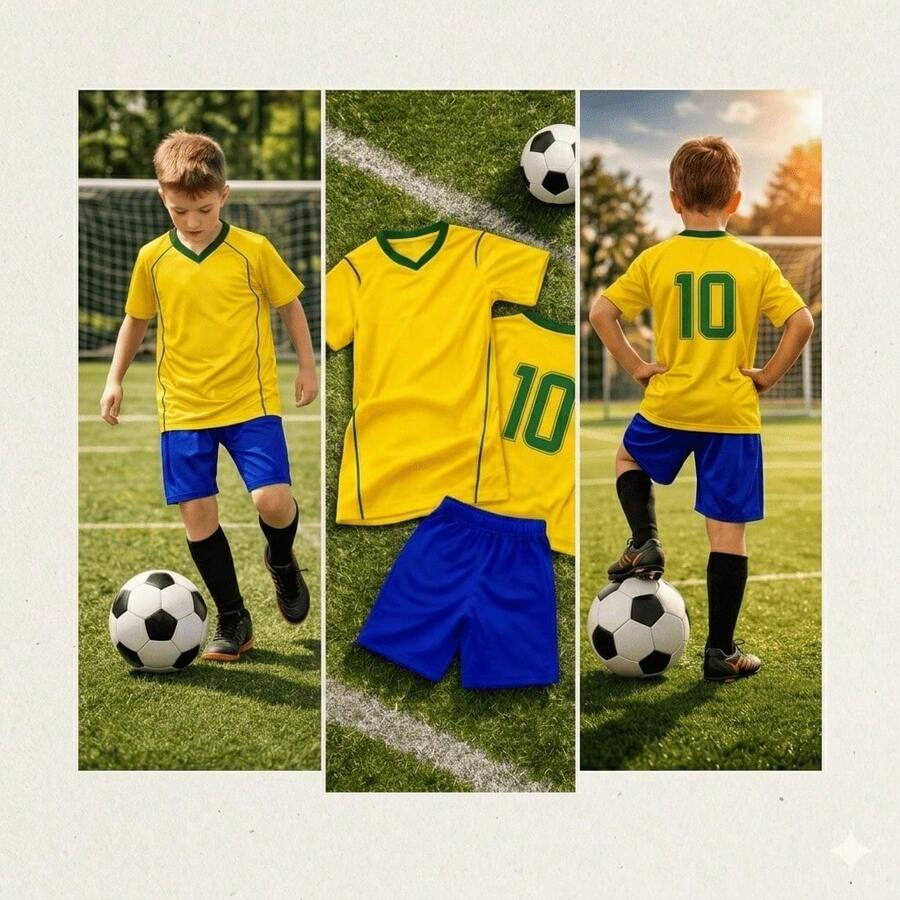 Children's Green And Yellow Set With Embroidered Shield And Adjustable Shorts - Player Edition Kit - Brazil Yellow Kit - View 1