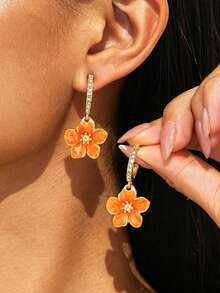 1 Pair Elegant Luxury French Summer Vacation Beach Style Sparkling Handmade Oil-Drip Vibrant Orange Plumeria Pendant Earrings For Women - Orange - View 8
