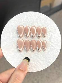 10片淺粉色水鑽極簡法式貓眼短款穿戴甲，休閒優雅短橢圓形可拆卸假指甲，適合送給女性與女孩的手作穿戴甲禮物 - 淺粉色 - 查看 2
