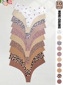 10 piezas de bragas tipo tanga sin costuras para mujer, tonos de color Maillard - Lencería suave y cómoda de mezcla de nailon, tonos de marrón y morado, de talle bajo, ajuste elástico, opaco - Multicolor 2 - Ver 1