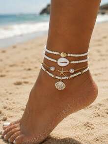 4pcs Bohemian Ocean Style Starfish Shell Bead Elastic Anklets For Women, Perfect For Beach Vacation, Party And Gathering - Multicolor - View 21
