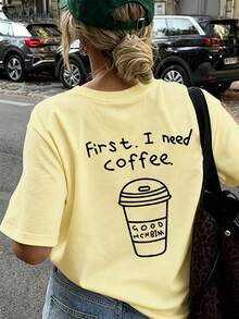 夏季新款女款針織休閒T恤，印有「First. I Need Coffee.」字樣，短袖設計，簡約時尚，適合日常與度假穿著 - 黃色 - 查看 8