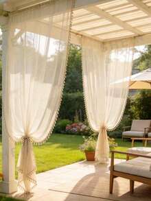 2PCS Set Outdoor Solid Color Sheer Curtains, Bohemian Style Lace Draped Sheer Curtains, Light-Filtering Non-See-Through Curtains Suitable For Outdoor Porch, Hotel, Pool, Garden Corridor Privacy Protection, Bedroom Balcony Living Room Decorative Curtains - 2pcs - View 1