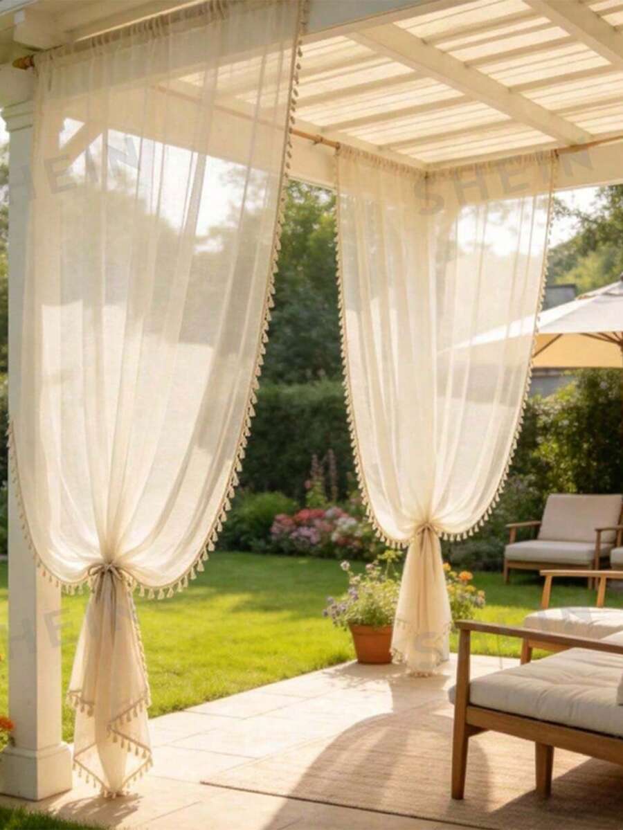 2PCS Set Outdoor Solid Color Sheer Curtains, Bohemian Style Lace Draped Sheer Curtains, Light-Filtering Non-See-Through Curtains Suitable For Outdoor Porch, Hotel, Pool, Garden Corridor Privacy Protection, Bedroom Balcony Living Room Decorative Curtains - 2pcs - View 1