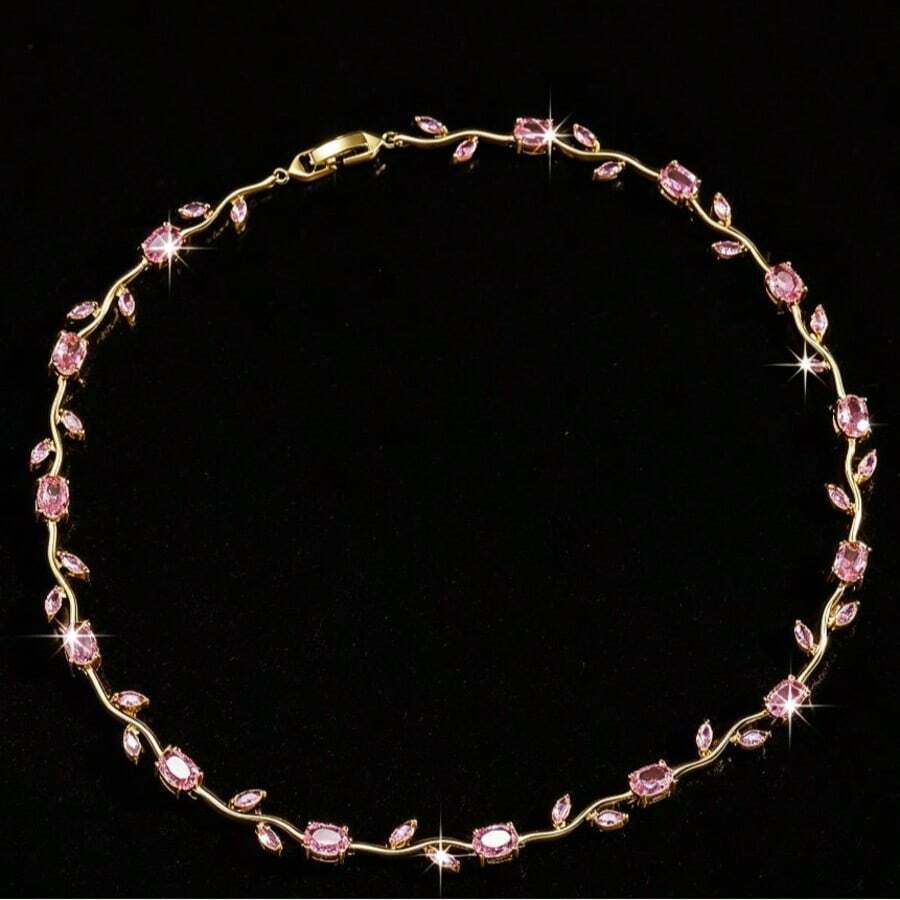 1 Pieza Collar de Lujo Brillante con Tulipán de Circonita Cúbica para Mujeres Color Dorado CZ Cristal Gargantilla Joyería de Moda para Boda Regalos - Oro, rojo y verde - Ver 1