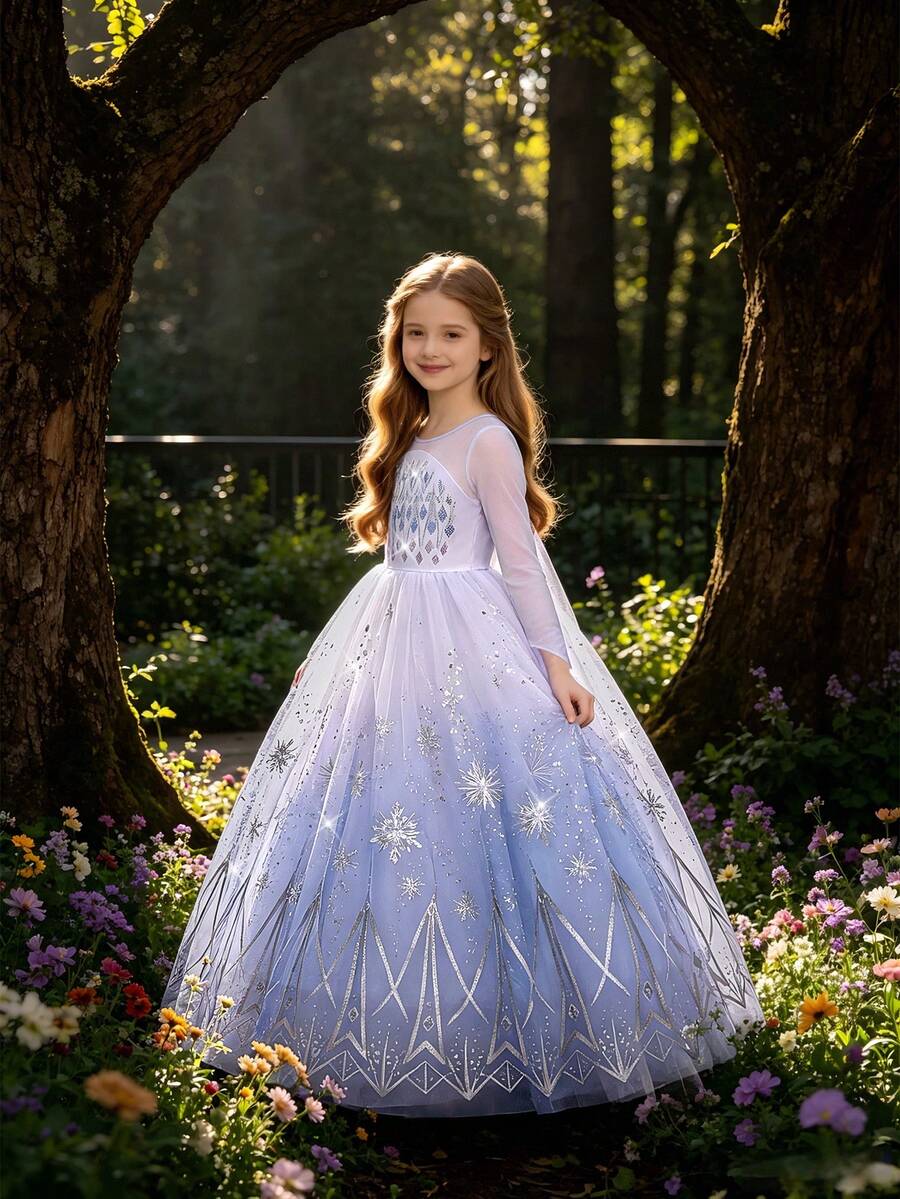 Young Girls Long Sleeve Snowflake Print Mesh Elegant Princess Dress Suitable For Prom, No Headband, Random Mesh Stitching Position On Back - Purple - View 1
