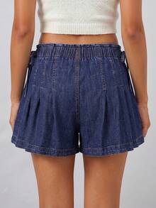 Womens Summer Denim Skorts Casual Loose Fit Stylish Pleated Solid Color Drawstring Elastic Mid Rise Shorts - Blue - View 5