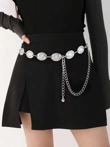 New Hot-Selling European And American Vintage Style Silver Chain Fashion Pattern Lace Waist Chain Belt, Accessory For Dresses, Suits, Pants, Jeans, Bohemian Style Influencer Jewelry, Suitable For Daily, Party, Vacation Outfits, Versatile For Multiple Occasions, Personalized Sexy Versatile Body Chain, Plus Size Waist Chain - Silver - View 1