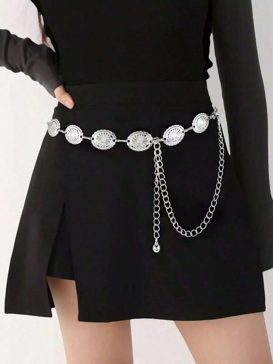New Hot-Selling European And American Vintage Style Silver Chain Fashion Pattern Lace Waist Chain Belt, Accessory For Dresses, Suits, Pants, Jeans, Bohemian Style Influencer Jewelry, Suitable For Daily, Party, Vacation Outfits, Versatile For Multiple Occasions, Personalized Sexy Versatile Body Chain, Plus Size Waist Chain - Silver - View 1