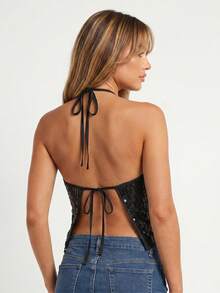 Women Fashion Sequin Tank Tops Trendy Halter Neck Sleeveless Open Back Summer Vest for Party - Negro - Ver 6