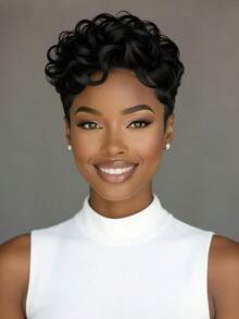 Fashionable Loose Wave Brazilian Pixie Cut Short Wig For Women, High Density 150% Lace Front Curly Bangs Wig Suitable For Party And Daily Wear - Natural Black - View 3