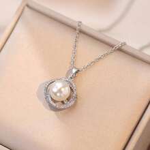 1 Piece Of Simple Faux Pearl Inlaid Diamond Double Ring Necklace With Temperament, Neck Chain, Collarbone Chain - Silver - View 2