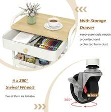3 Tier Rolling Cart Metal Utility Cart With Wooden Table Top Drawer Hanging Cups Storage Cart For Kitchen Bathroom Office - White - View 3