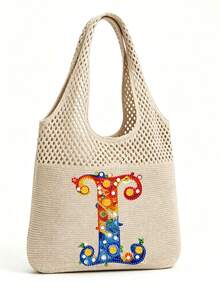 LFIRSTL Women's Crochet Tote Bag | 26 Personalized Initial Options, Bohemian Floral Mesh Beach Bag, Large Capacity Knitted Shoulder Handbag, Suitable For Summer Vacation, Travel And Daily Commute - Khaki - View 19