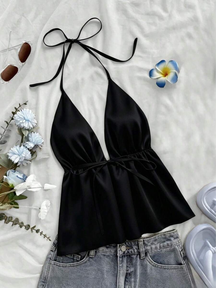 1pc Spring/Summer New Daily Party Vacation All-Season Solid Color Sleeveless Spaghetti Strap Strap Tank Top Casual Black - Black - View 1