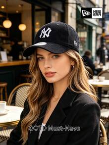 New Era 黑色燈芯絨 NY Logo 棒球帽，復古街頭風老爹帽，休閒中性日常頭飾 - 黑色 - 查看 3