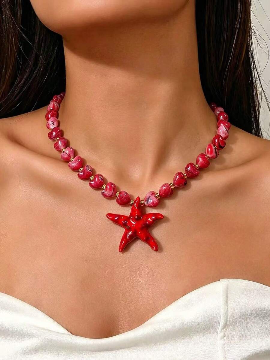 1件時尚優雅海洋生物元素四季通用女款波希米亞珠寶項鍊,海星龍蝦螃蟹多墜飾項鍊,金色鏈條塑膠珠風格項鍊,多款可選,女款精緻海灘度假派對項鍊 - 彩色 - 查看 1