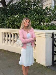 時尚街頭風女款修身針織開襟外套，純色優雅長袖上衣，粉紅色 - 粉色 - 查看 2