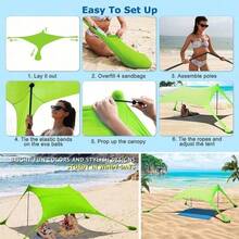 Green Family Beach Sun Shelter Tent With Support Stability Poles, Outdoor Sun Protection Canopy, Portable Shade Pavilion, Suitable For Beach Camping Picnic Backyard Party Garden Use - 1pc - View 10