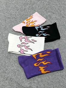 4/8 Pairs Niche Design Flame Pattern Unisex Mid-Calf Socks, American Vintage Vertical Stripe Texture, Ins Personalized Style, Random Style, Street Hip-Hop Versatile Casual Sports Socks, Couple Socks - Multicolor - View 2