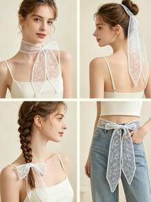 White Lace Scarf, Floral Embroidery Pure Silk Ribbon Scarf, Elegant Headband And Neck Scarf, Suitable For Hair, Bag, And Clothing Decoration, Perfect For Family And Gifts - One Size - View 4