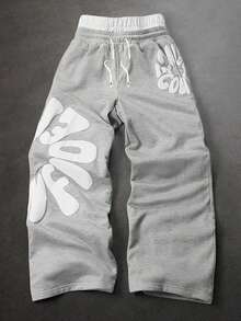 Teen Boys Letter Print Drawstring Waist Loose Casual Grey Stacked Sweatpants - Light Grey - View 3