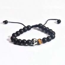 1pc Men's Football Beaded Bracelet, Black Matte Tiger Eye Stone Bracelet, Black Matte Beaded Football Theme Bracelet With Tiger Eye Stone Accents, Simple Adjustable Braided Rope Design, Personalized Versatile Sports Style Accessory - Multicolor - View 7