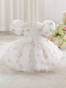 Baby Girls Puff Sleeve Beaded Bow Print Organza Cute Flower Girl Dress, Suitable For Party, Outdoor Outing, Evening Event, Fabric Pattern Random Cut, Headband Not Included - Multicolor - View 4