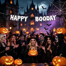 1 Set/Pancarta Feliz BOODAY de Halloween/Pancarta de Cumpleaños Murciélago Negro & Blanco/Guirnalda de Decoración de Fiesta de Cumpleaños con Tema de Halloween/Decoración de Escena de Cumpleaños Fantasma Bruja/Decoración de Fiesta de Murciélago de Terror/Decoración Colgante de Fondo Fotográfico de Fiesta de Cumpleaños con Brillo Dorado - Ver 4